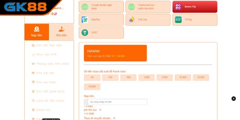 Nạp tiền GK88 qua ví điện tử