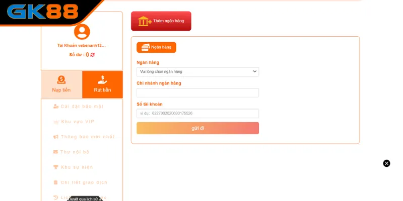 Cách thao tác rút tiền GK88 đơn giản